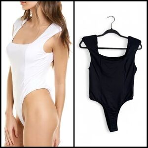 Grey Lab Women's Square Neck Padded Cap Sleeve Bodysuit S Black NEW